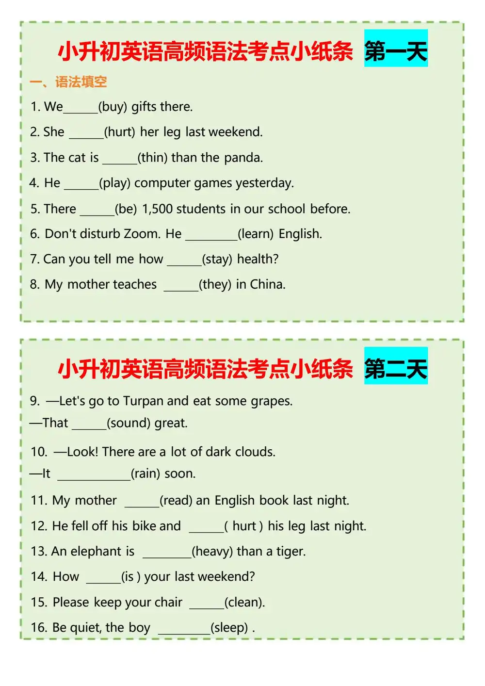 【小学】六(下)英语(小升初)高频语法考点小纸条 PDF封面