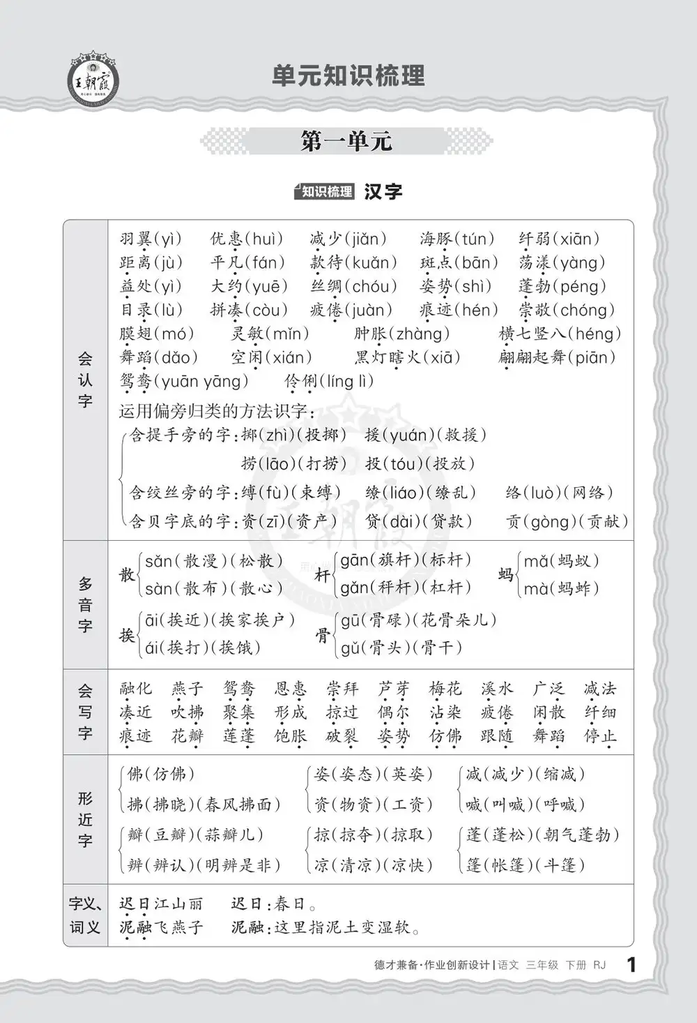 【小学】26春1-6年级语文下册《王朝霞单元知识梳理》 PDF封面