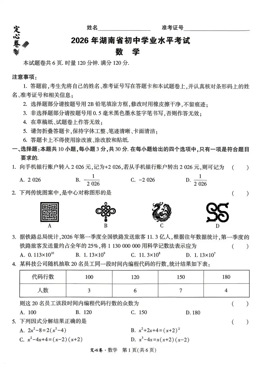 2026《万唯•中考定心卷》(中考)(7科全)(湖南版) PDF封面