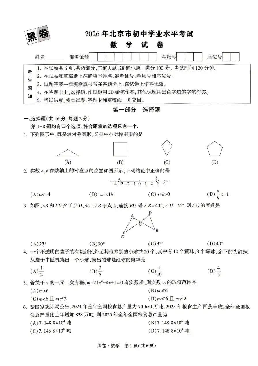 2026版初中《万唯黑白卷》5科全套(北京版) PDF封面