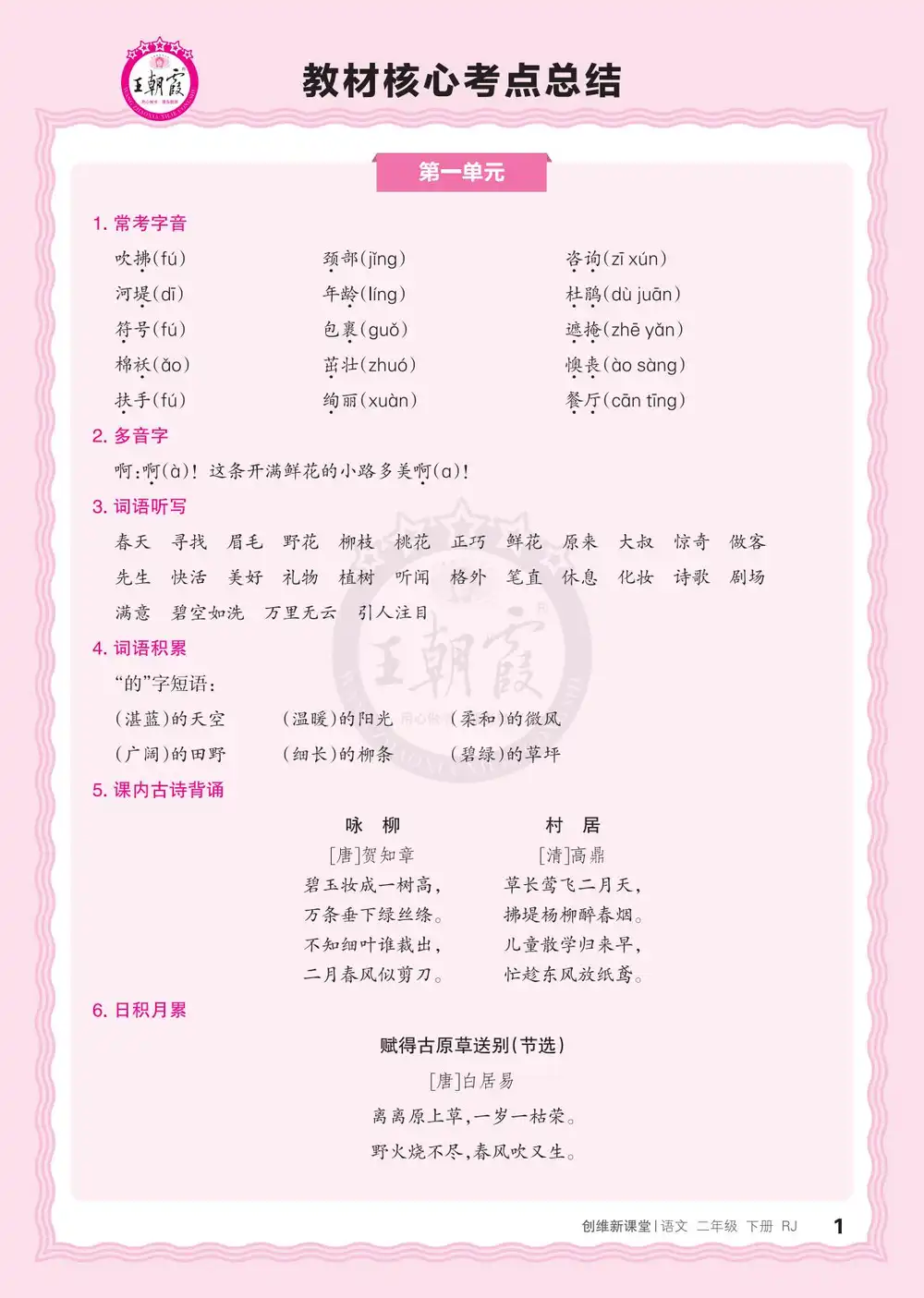 【小学】26春1-6年级语文下册《王朝霞教材核心考点总结》 PDF封面