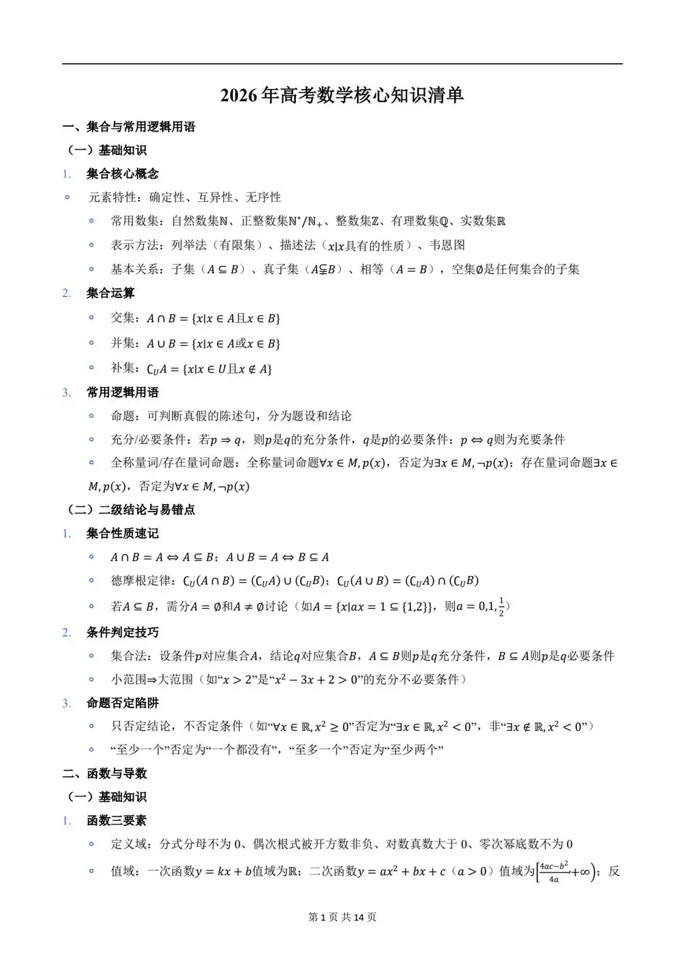 2026届高考《核心知识清单》基础知识&二级结论&易错点（数学)（全国通用） PDF封面