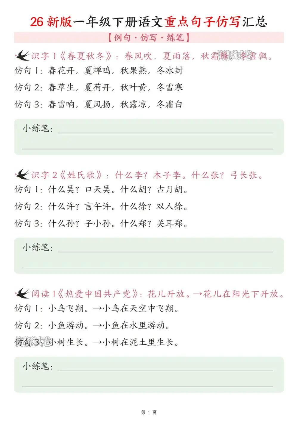 【小学】一年级(下)语文重点句子仿写汇总 PDF封面