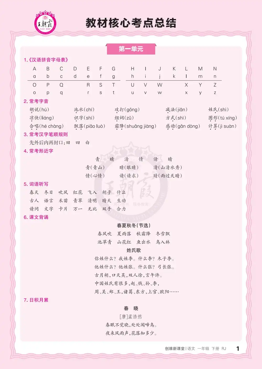 【小学】26春1-6年级语文下册《王朝霞教材核心考点总结》 PDF封面