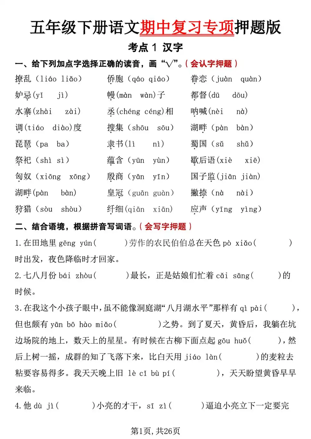 【小学】期中复习专项押题版】五下语文 PDF封面