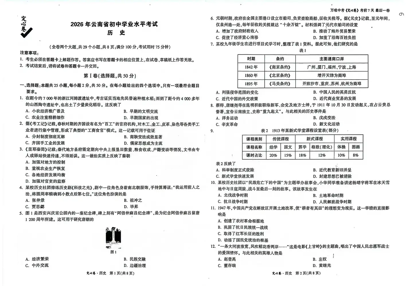2026《万唯•中考定心卷》(中考)(数学、英语)(云南版) PDF封面